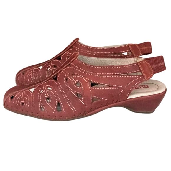 Pikolino's cut leather artistic design  Brown kitten wedge low slingback Sz 10 W - Picture 1 of 9